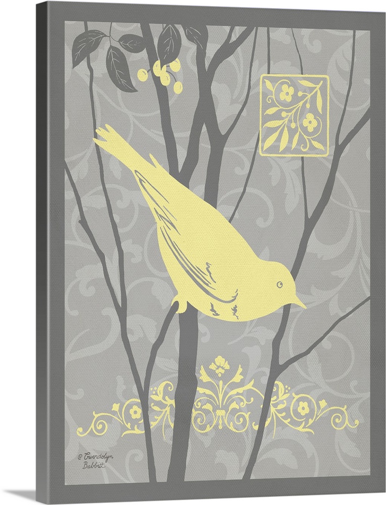 Illustration of a bird on a branch in yellow and gray tones.