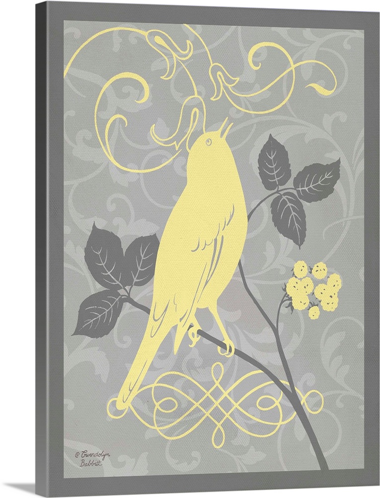 Illustration of a bird on a branch with leaves and berries in yellow and gray tones.