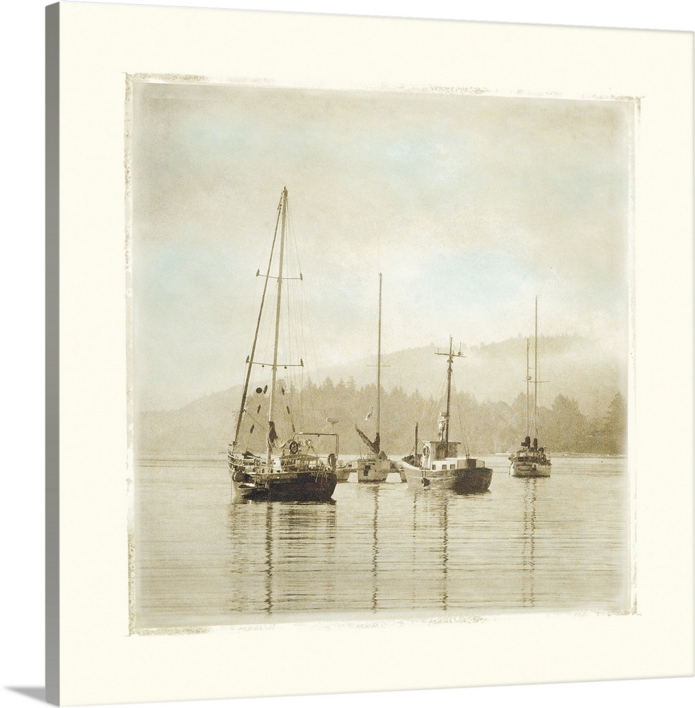 Painting of sailboats sitting calmly in the harbor waters.