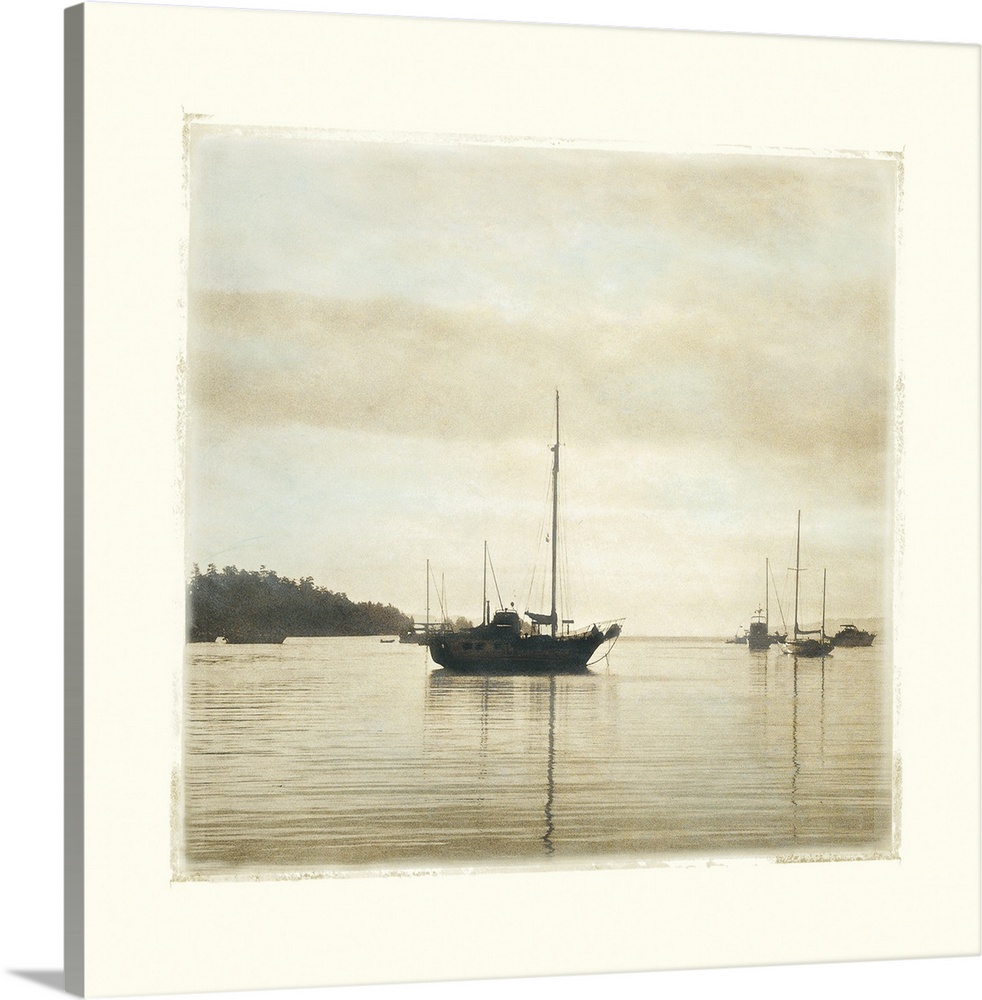 Big canvas of a square picture of boats floating in calm water.