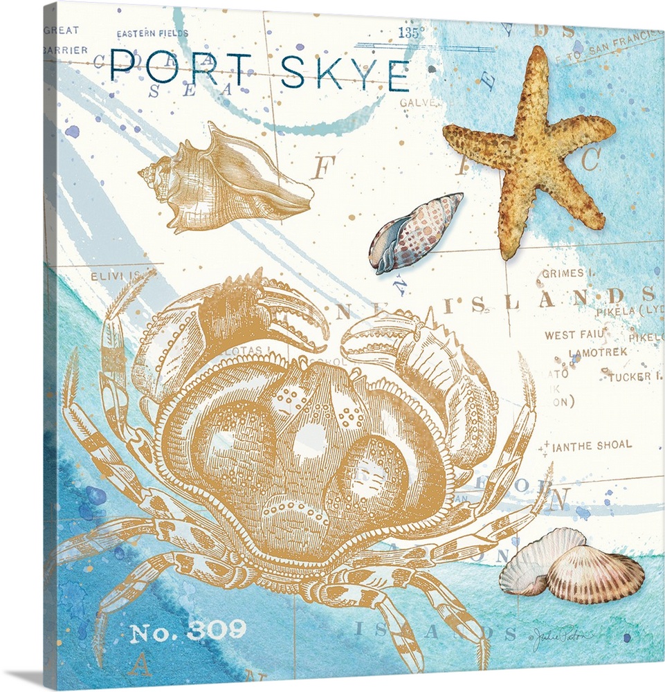 Square beach decor with illustrations of  a gold crab, seashells, and a starfish on top of a blue and white map with "Port...