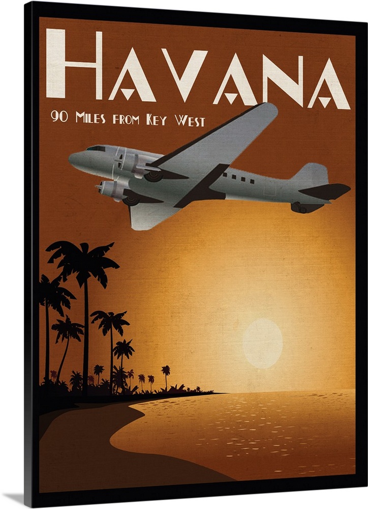 Havana travel poster in orange, brown, and black hues with a plan flying overhead.