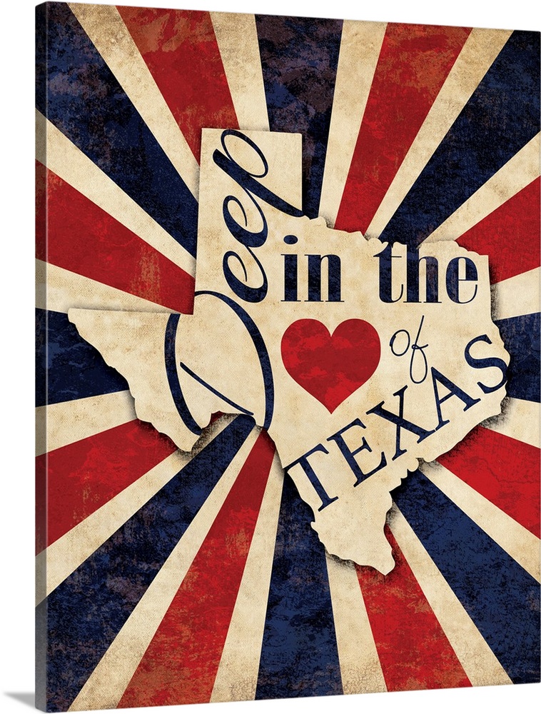 "Deep in the Heart of Texas" written on the state of Texas with a red, white, and blue lined background.
