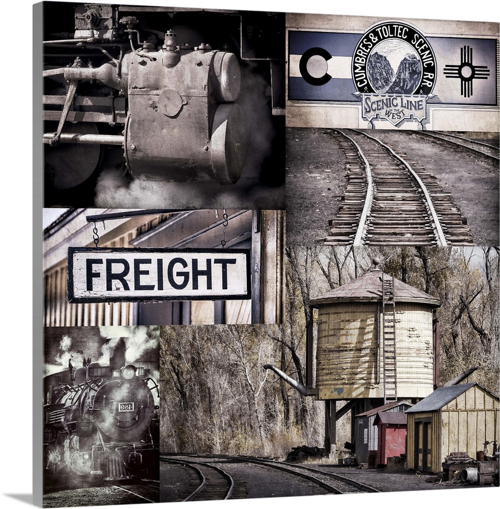 A railroad themed collage of trains, signs, and tracks.
