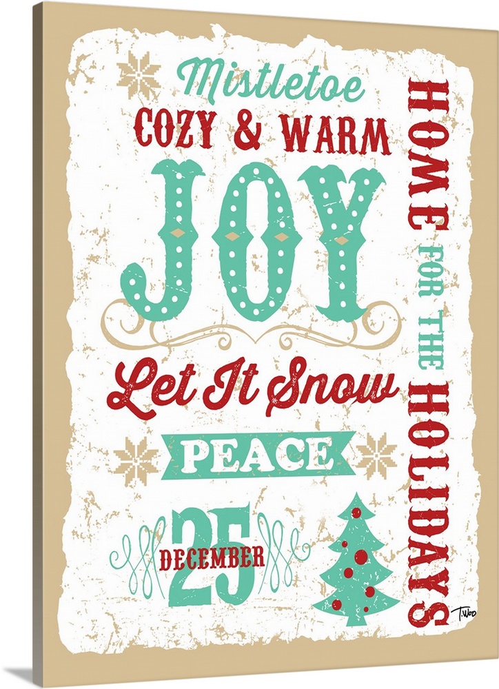 Holiday typography in teal, red, and tan.