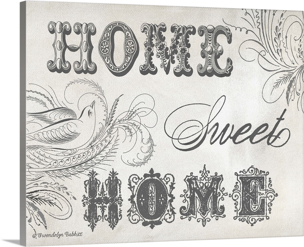 "Home Sweet Home" sign in black and white.
