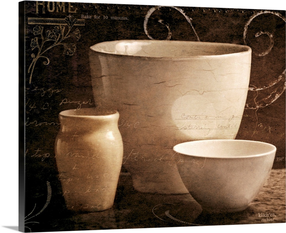 Home artwork featuring text and designs over three bowls sitting on a table. Neutral tones dominate.