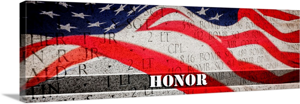 Panoramic image of a wall of honor with an American flag overlay and "Honor" written at the bottom.