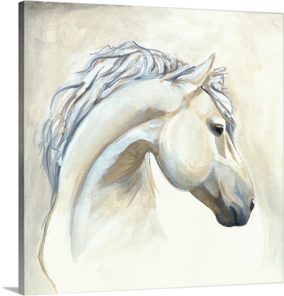 Square painting of a white horse in cream, brown, and black hues with its head turned to the side.