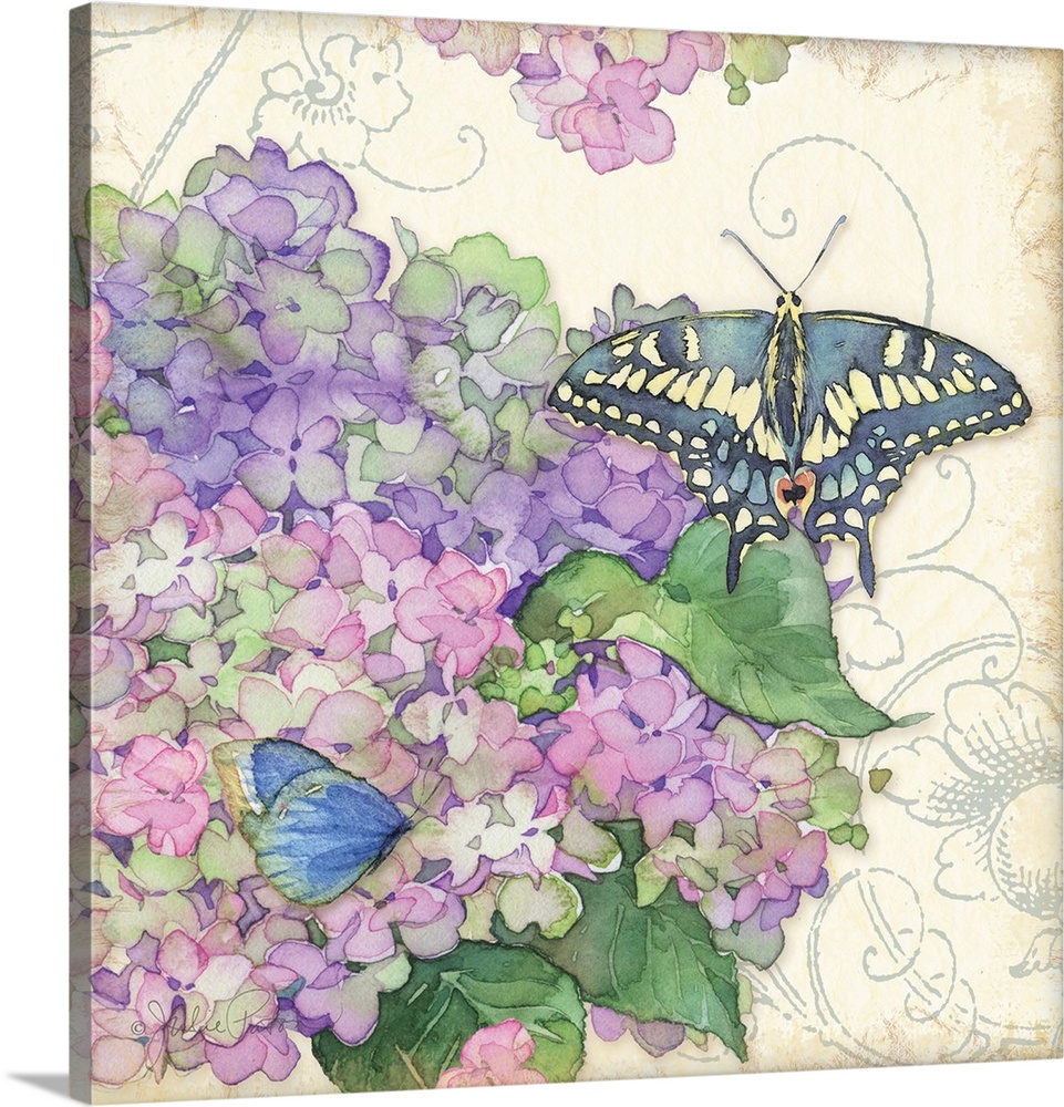 Square painting of purple and pink hydrangeas and two butterflies on top of an antique styled background with floral illus...