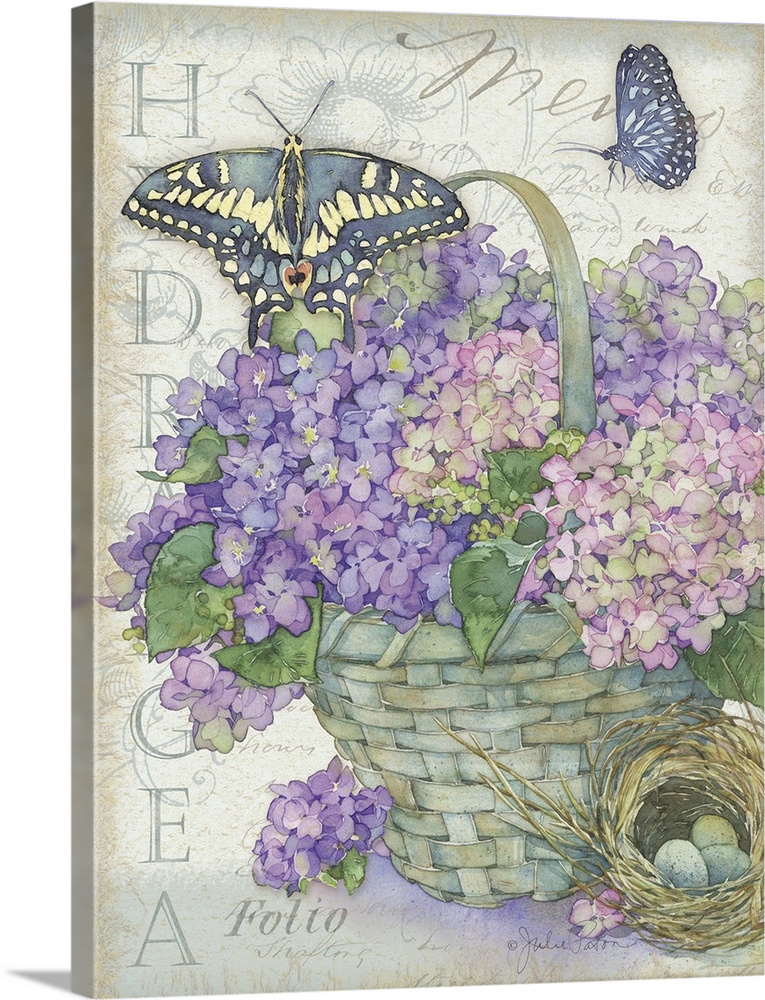 Watercolor painted purple and pink hydrangeas inside a light blue woven basket with two butterflies flying above and a nes...