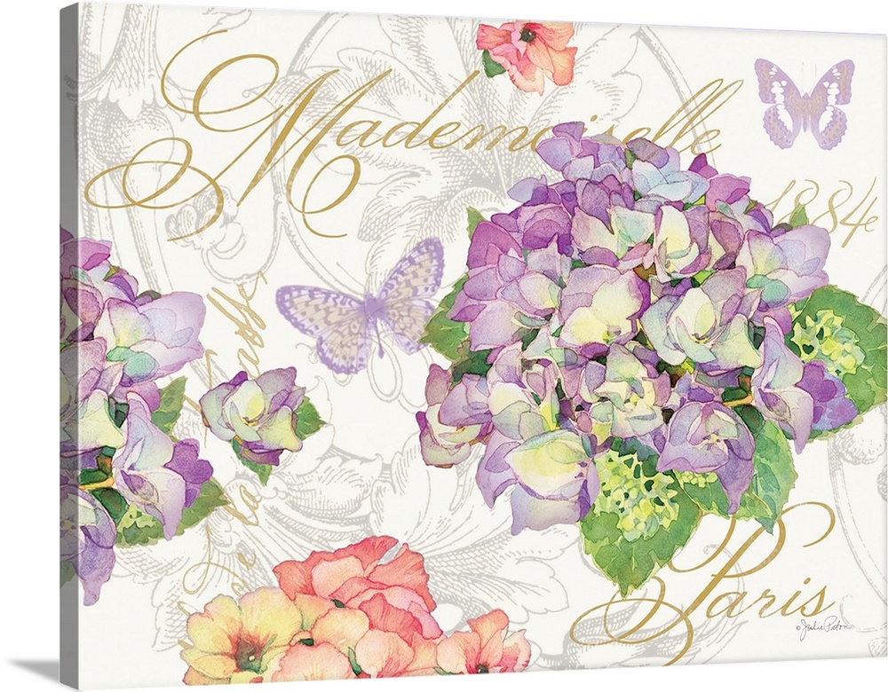 French themed art with painted hydrangeas and butterflies on top of a white background with floral illustrations and "Made...