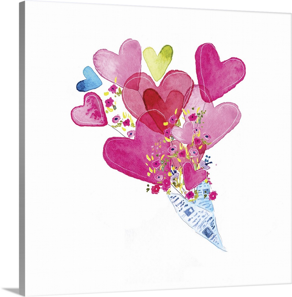Square watercolor painting of a bouquet filled with hearts and flowers on a solid white background.