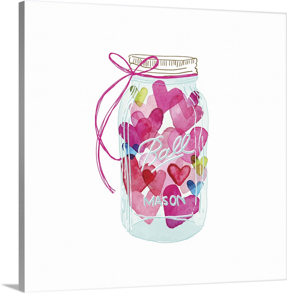 Square watercolor painting of a glass mason jar filled with colorful hearts.
