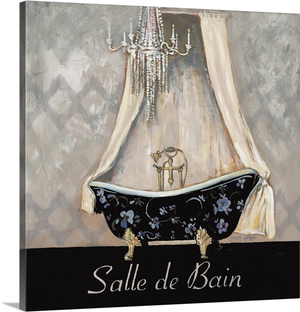 Square painting of a floral print clawfoot bathtub with a chandelier and "Salle de Bain" written on the bottom.