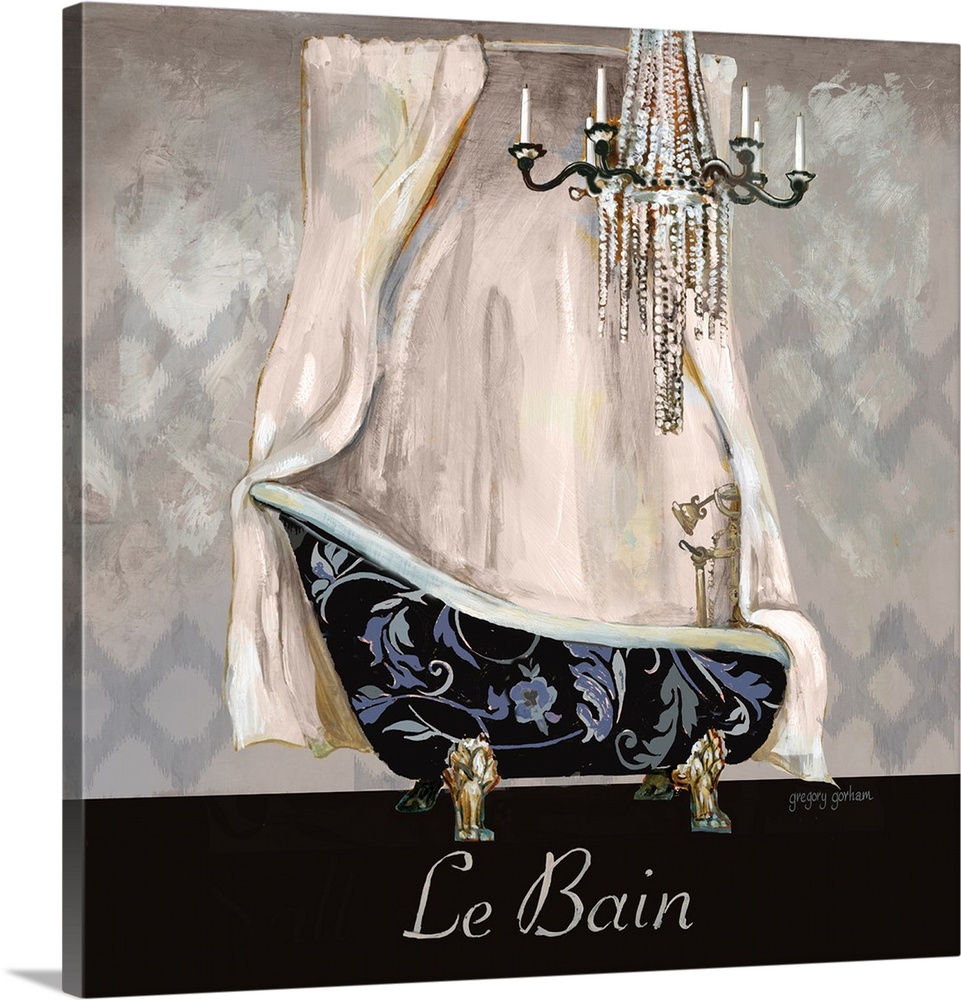 Square painting of a floral print clawfoot bathtub with a chandelier and "Le Bain" written on the bottom.