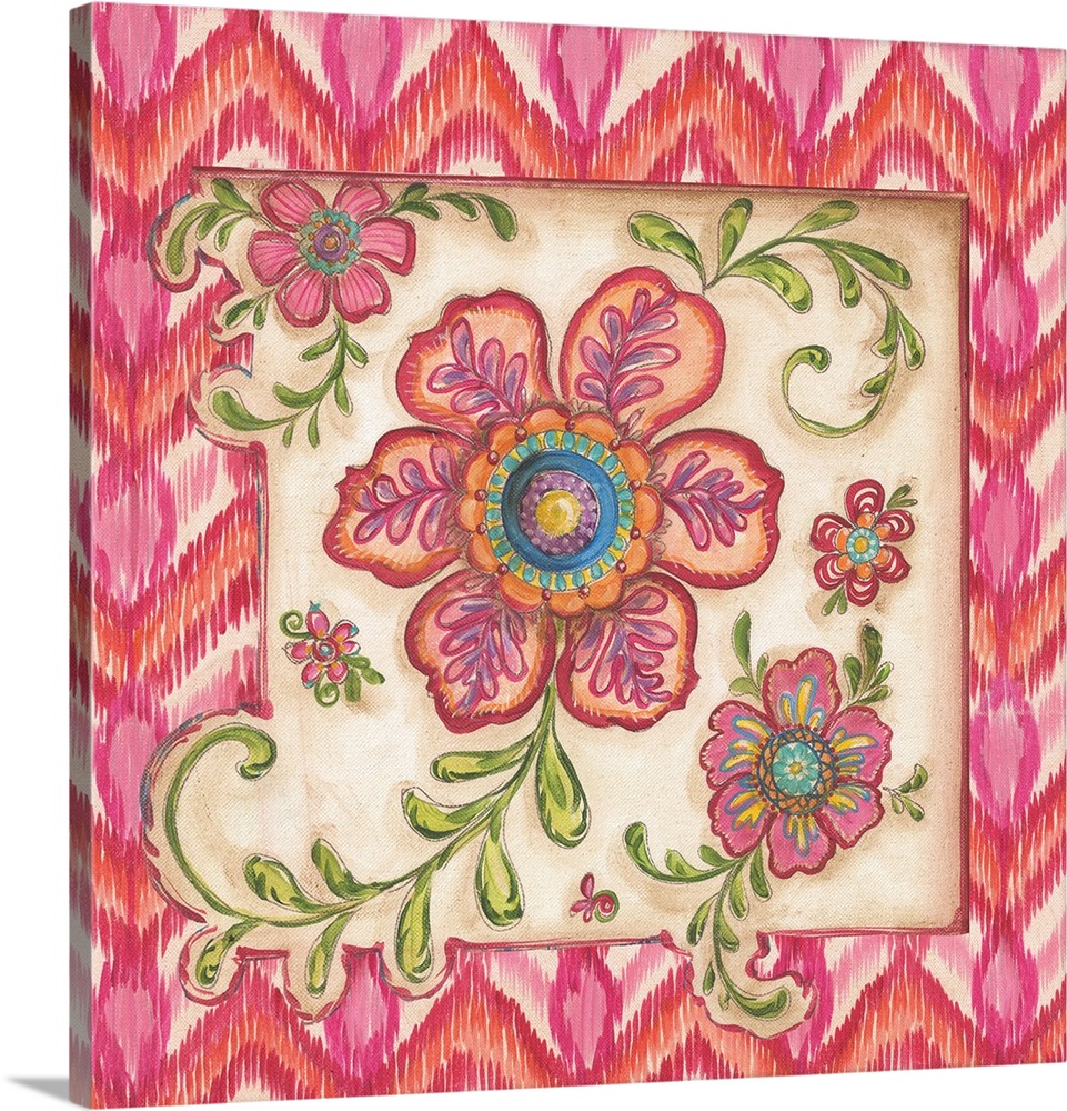 Square painting of colorful flowers with an ikat designed frame in shades of pink.