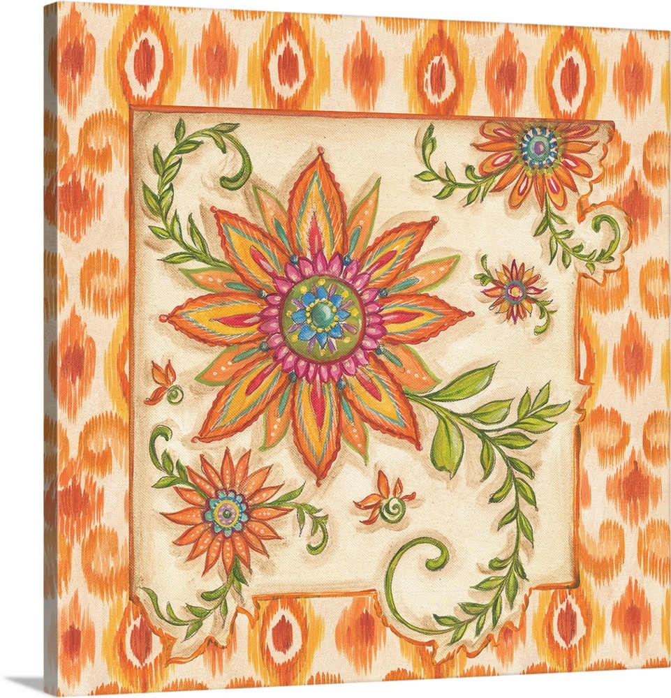 Square painting of colorful flowers with an ikat designed frame in shades of orange and yellow.