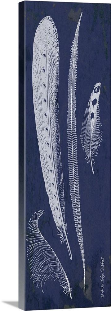 Tall indigo panel with white silhouetted feathers.