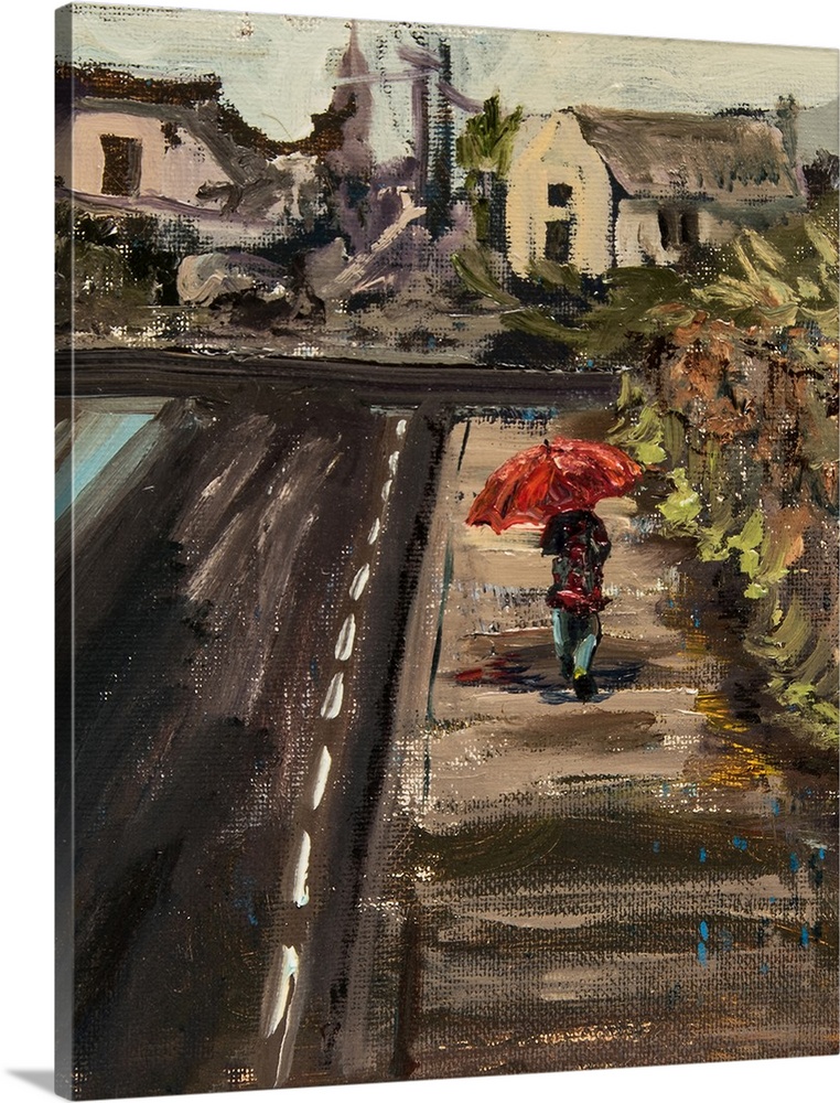 Contemporary painting of a person walking down a sidewalk with a red umbrella.
