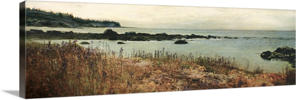 Panoramic photograph on a giant wall hanging of the grassy shore on an island, overlooking rocks jutting out into the wate...