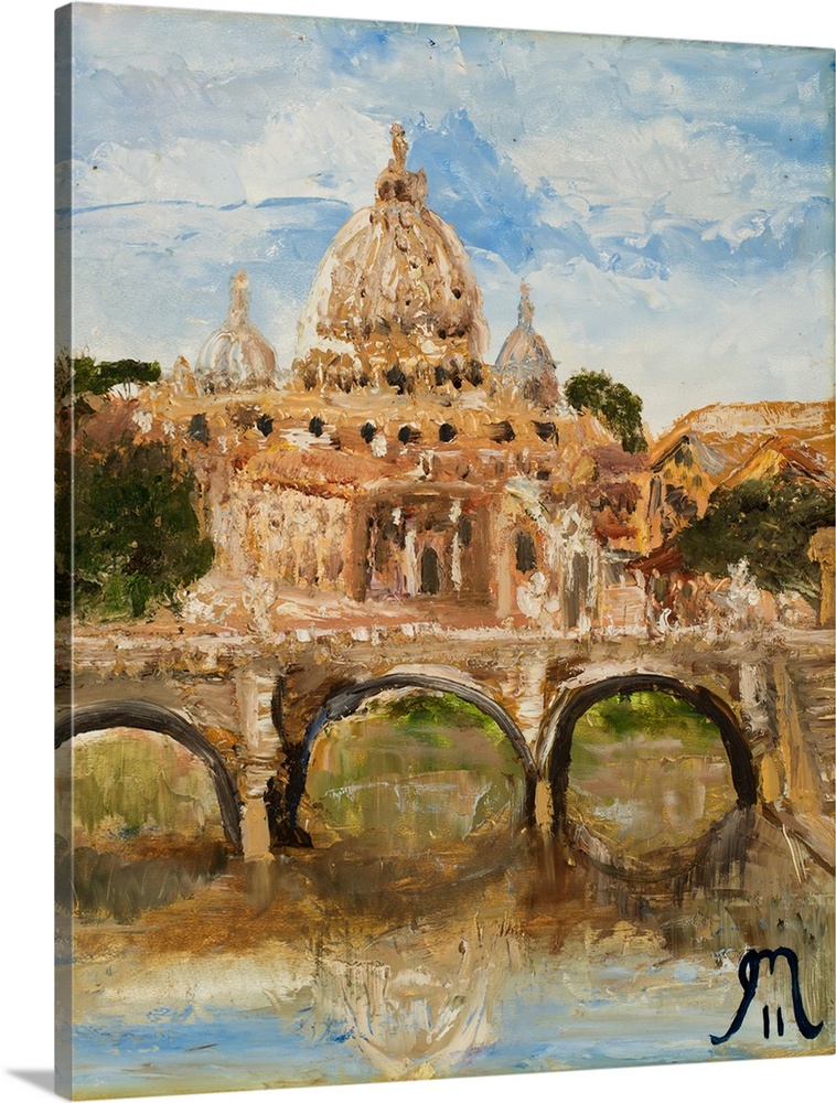 Contemporary painting of an Italian cityscape with dome topped buildings in the background and a bridge over water in the ...
