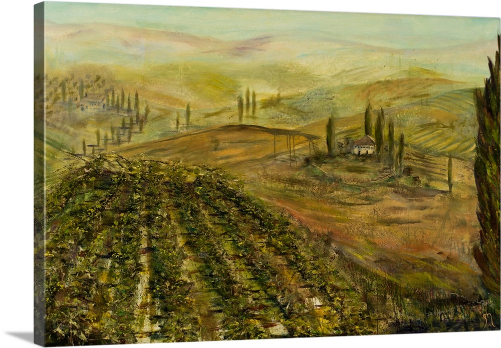 Contemporary landscape painting of an Italian vineyard with green and yellow tones.