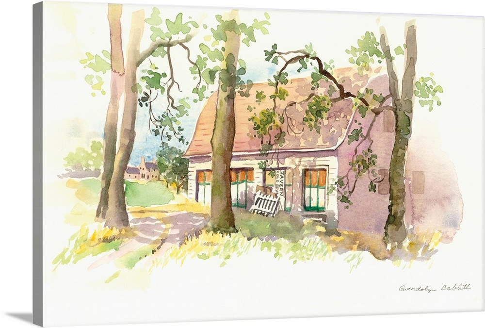 Contemporary watercolor painting of a faded red barn with trees in front.