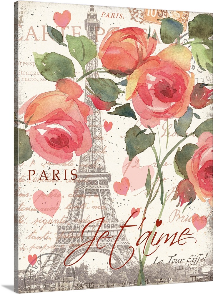 Watercolor painted pink roses on top of an illustration of the Eiffel Tower surrounded by pink hearts and text.