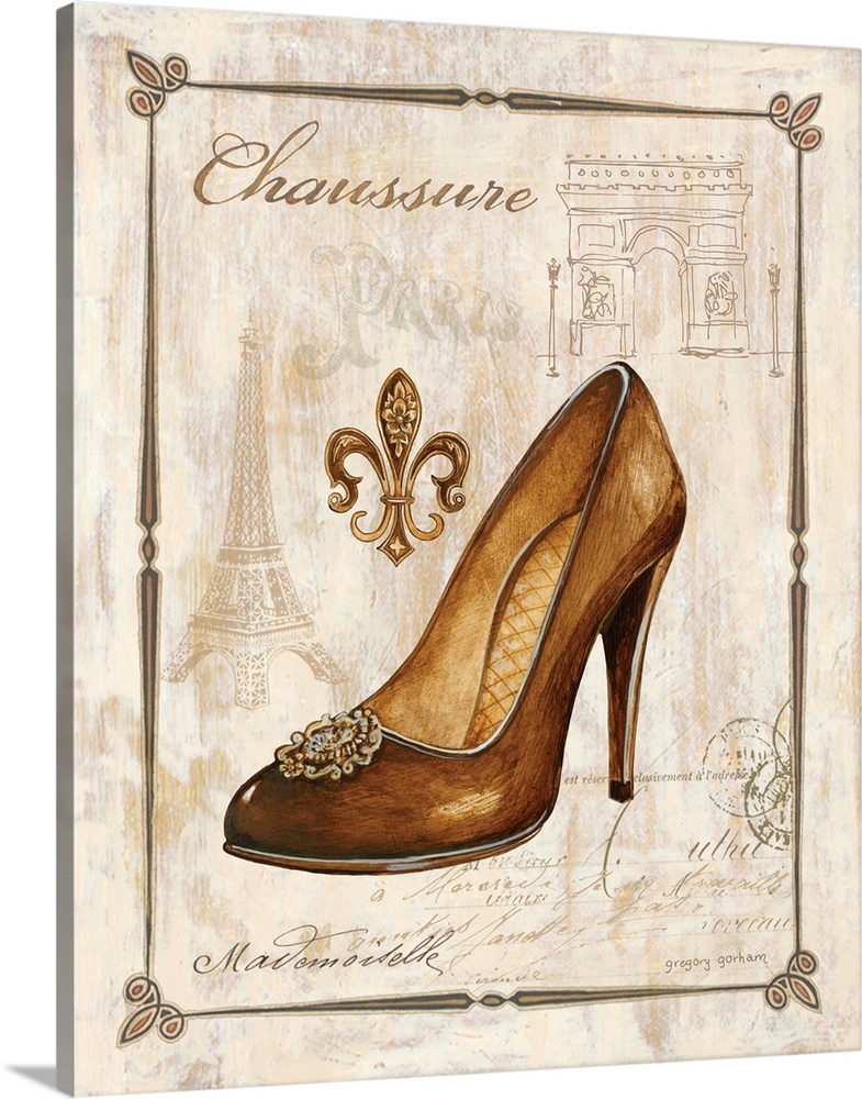 Gold and tan antique illustration of a gold high heel shoe with French writing and illustrations in the background.
