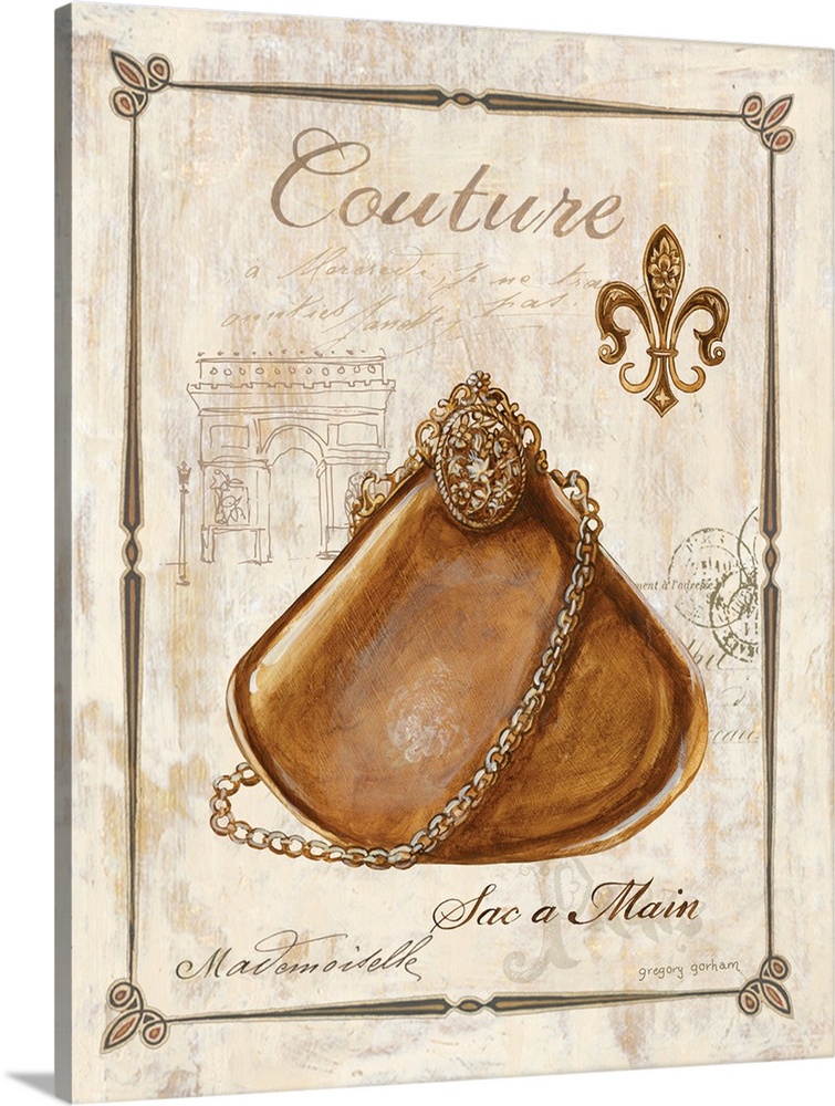 Gold and tan antique illustration of a gold purse with French writing and illustrations in the background.