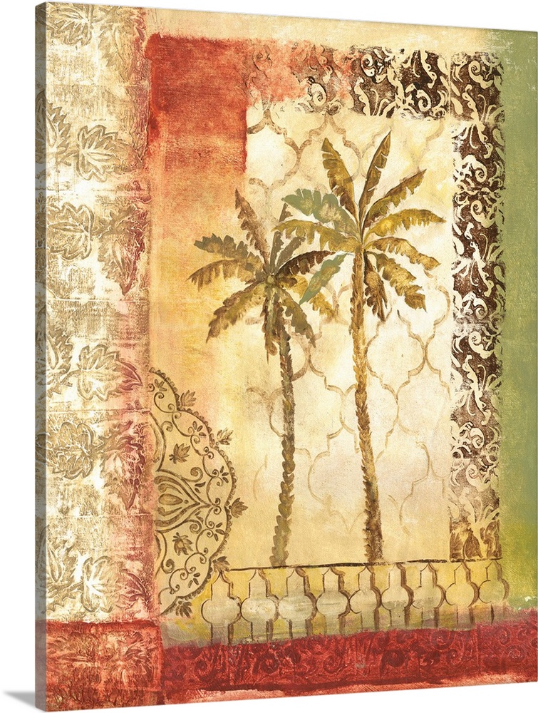 Decorative painting with two palm trees and brown designs on a green, tan, yellow, and red background.