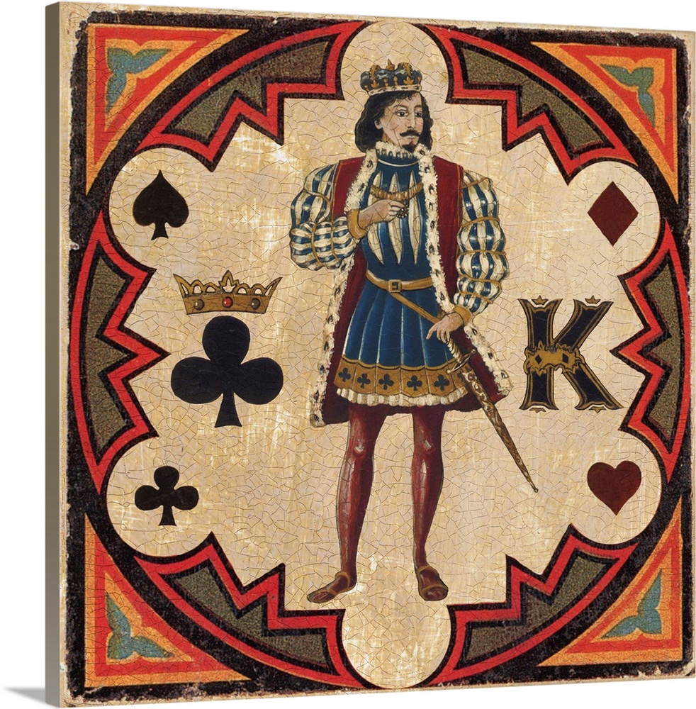 Square vintage illustration of a King inside a circular design with a heart, spade, clover, and diamond surrounding him.
