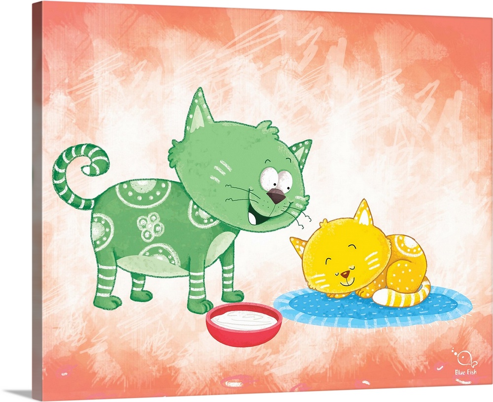 Whimsy illustration of a cat and a kitten on a coral pink background.