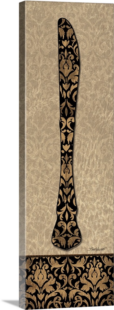 Home decor in brown, black, and gold tones with an illustration of a knife with a paisley design.