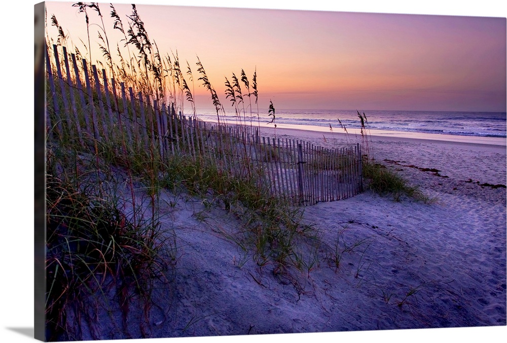 Big canvas photo art of a beach with dunes and sea oats on the left and the shore meeting the ocean on the right.