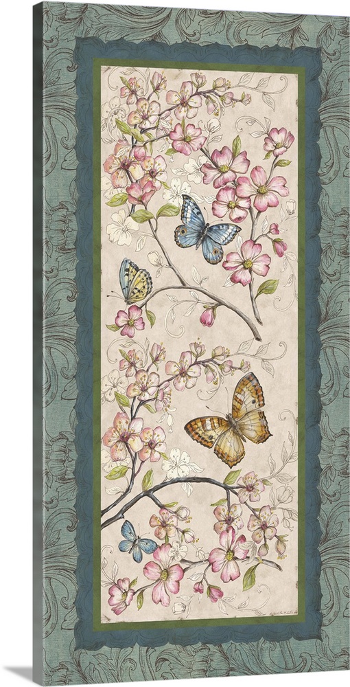 Decorative panel painting of cherry blossom flowers and butterflies with decorative blue and green boarders.