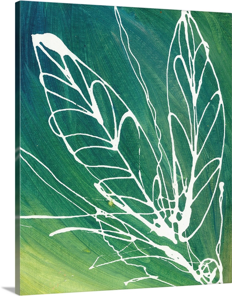 Contemporary artwork of leaf shapes drawn in white paint over green tones.