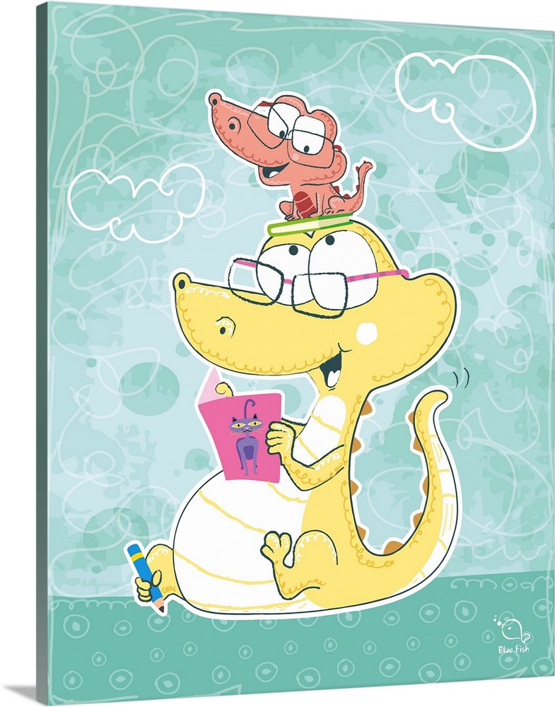 Cute illustration of a baby alligator and an older alligator wearing glasses and reading a book together.