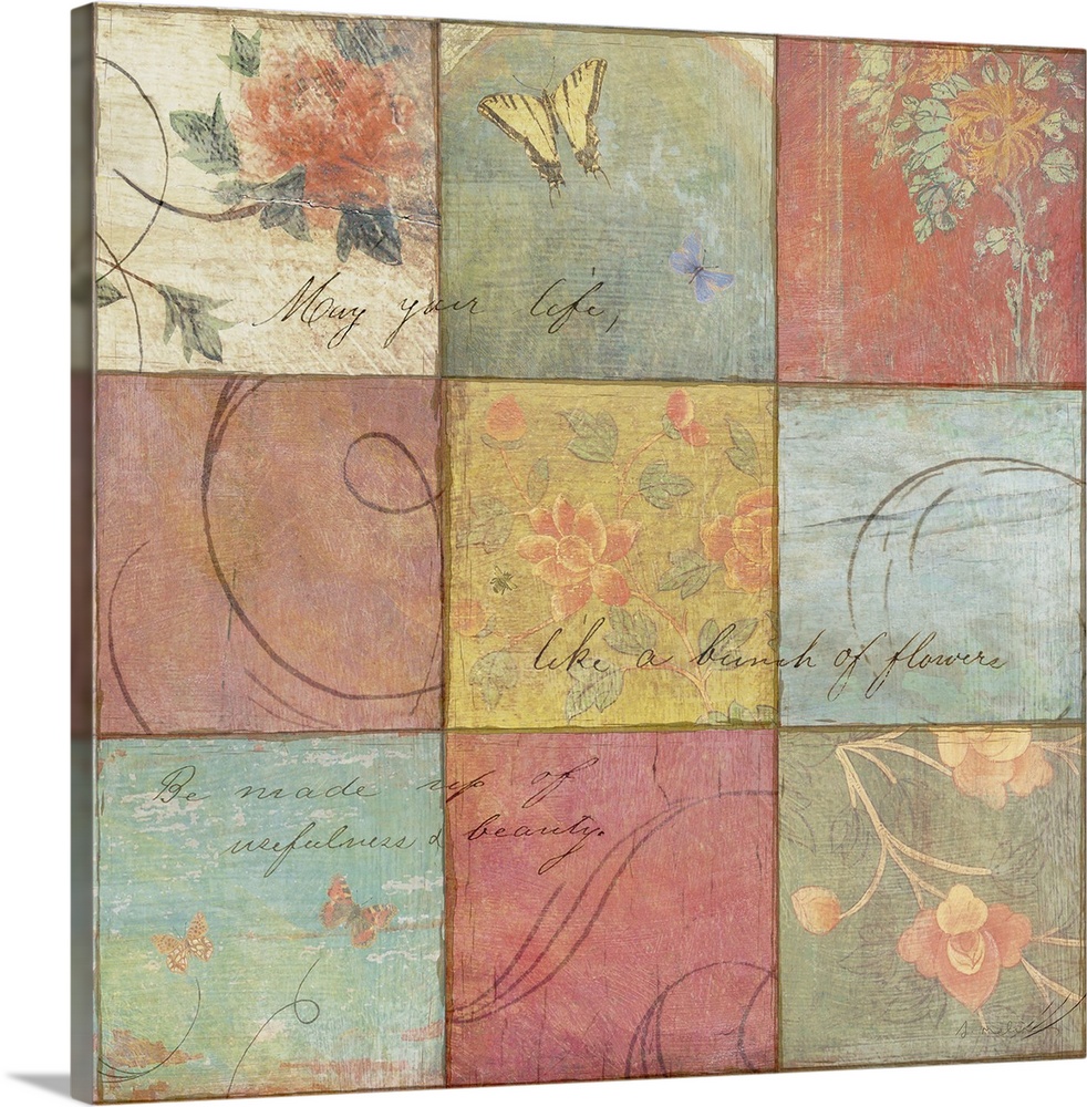 Wall docor featuring a nine panel grid of bright colors with flowers, butterflies and swirls with script on top.