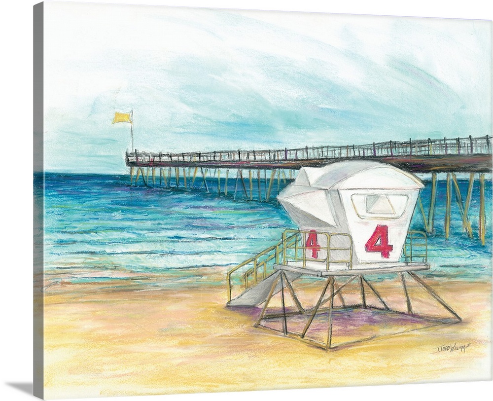 Painting of a white lifeguard station with a red number 4 on the side in front of the ocean with a long pier on the right.