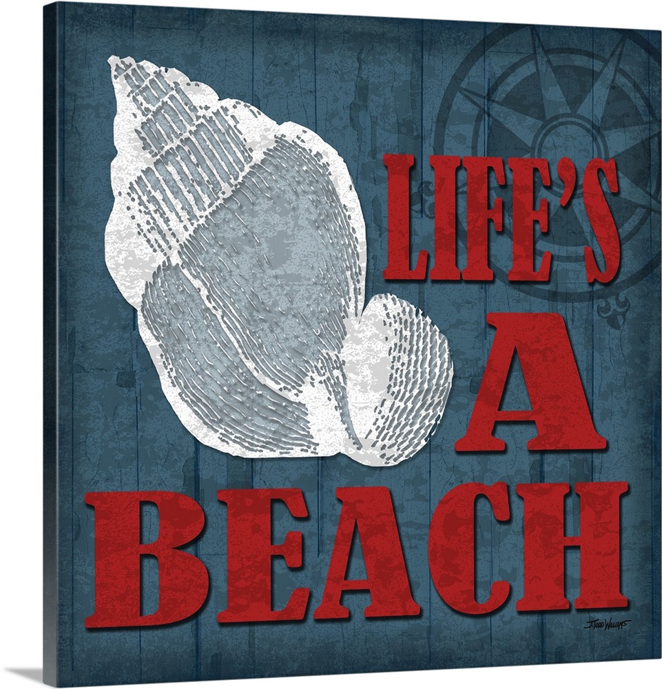 "Life's a beach" square beach decor in blue, red, and white.