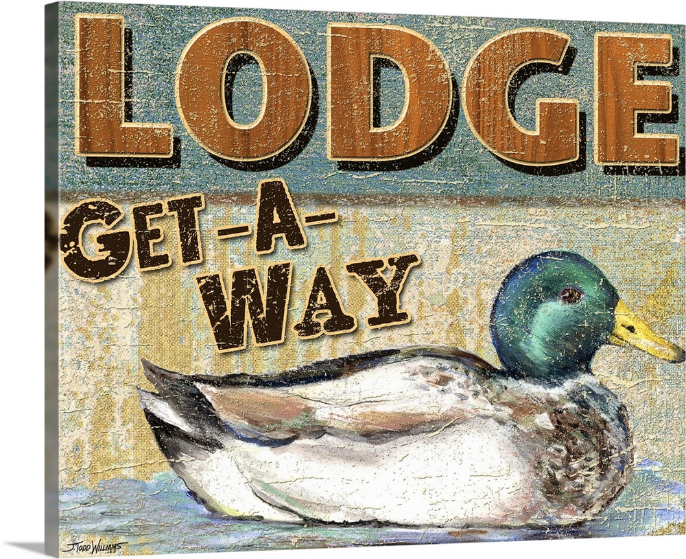 Lake decor with an illustration of a duck and "Lodge Get-A-Way" written at the top in shades of brown.