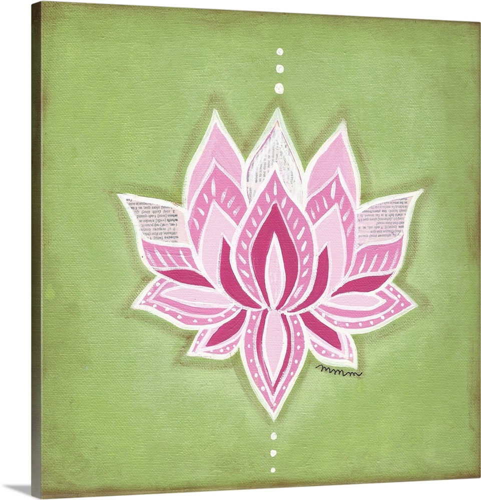 Square painting of a lotus flower created with pink hues and three scraps of paper with typed words on them on a green bac...