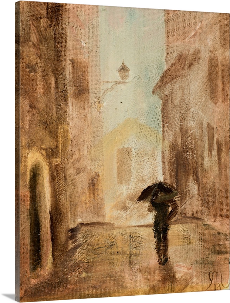 Contemporary painting of a person walking through a neutral colored Italian village with a black umbrella.