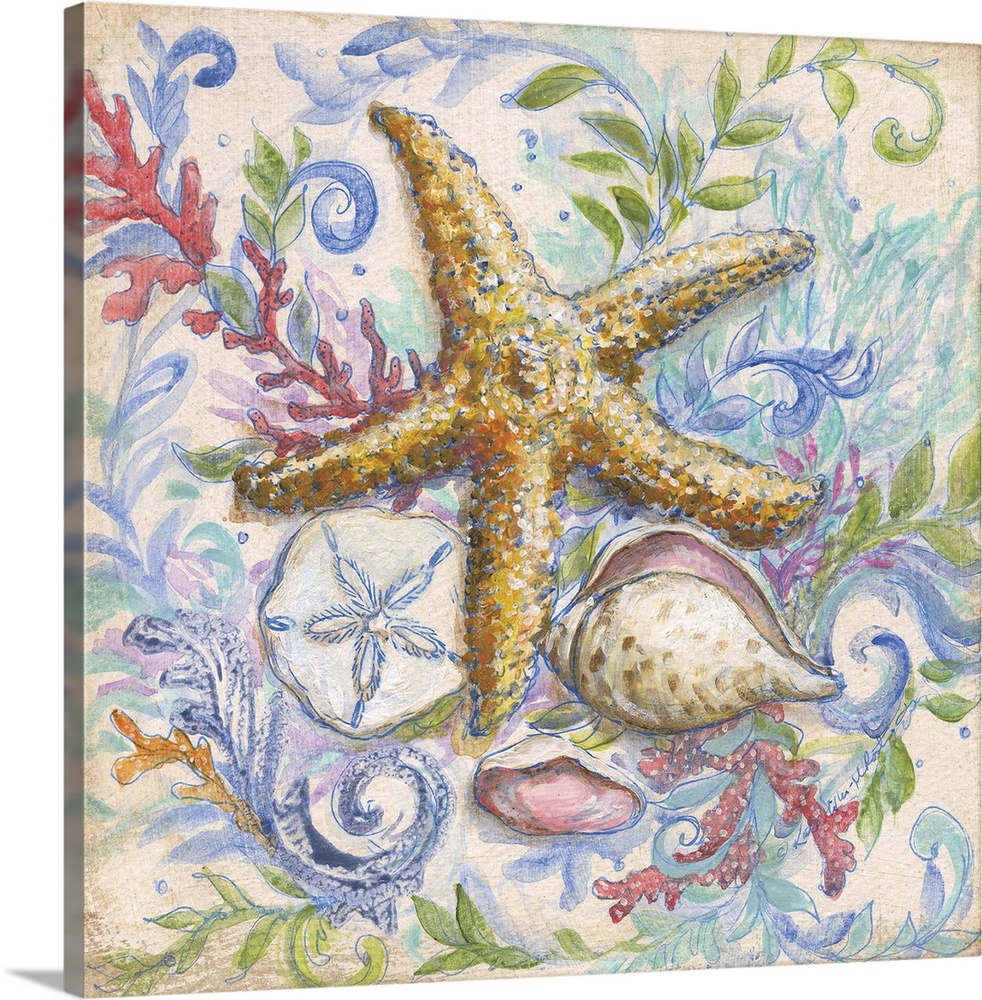 Square beach themed painting of a starfish surrounded by seashells, seaweed, coral, and a sand dollar on a neutral colored...