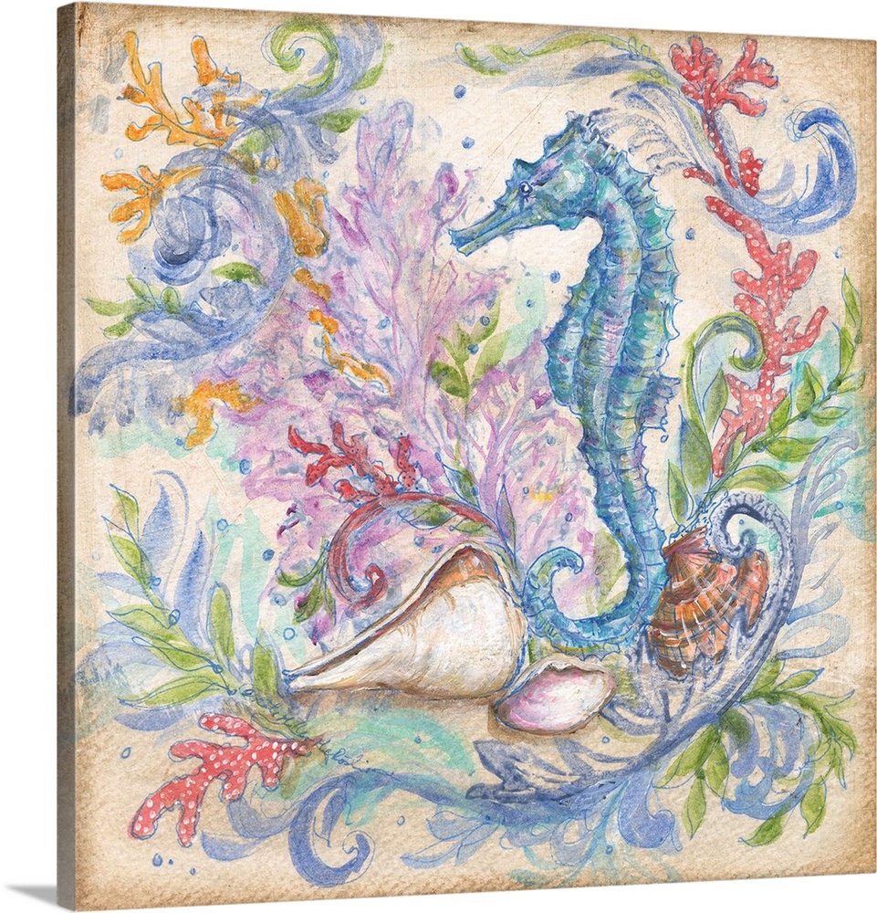 Square beach themed painting of a blue seahorse surrounded by seashells, seaweed, and coral on a neutral colored background.