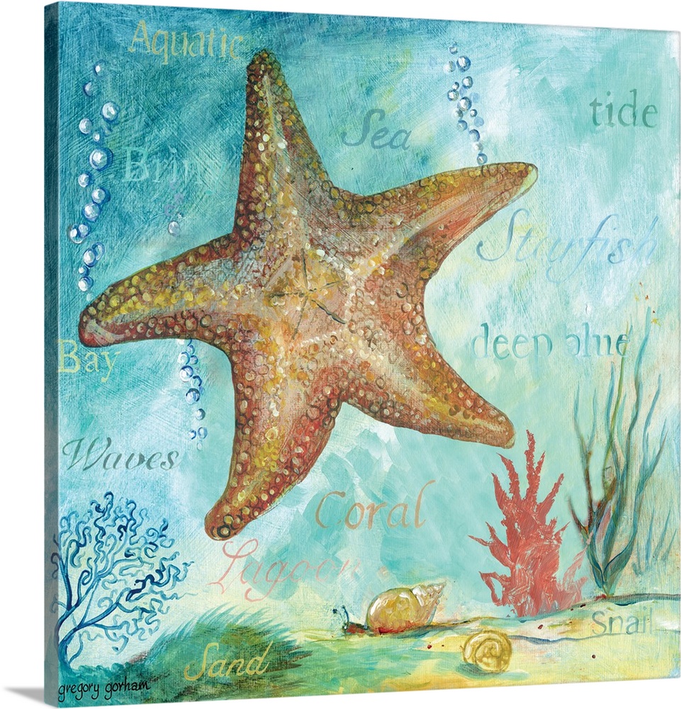 Square painting of a starfish surrounded by marine life and words.