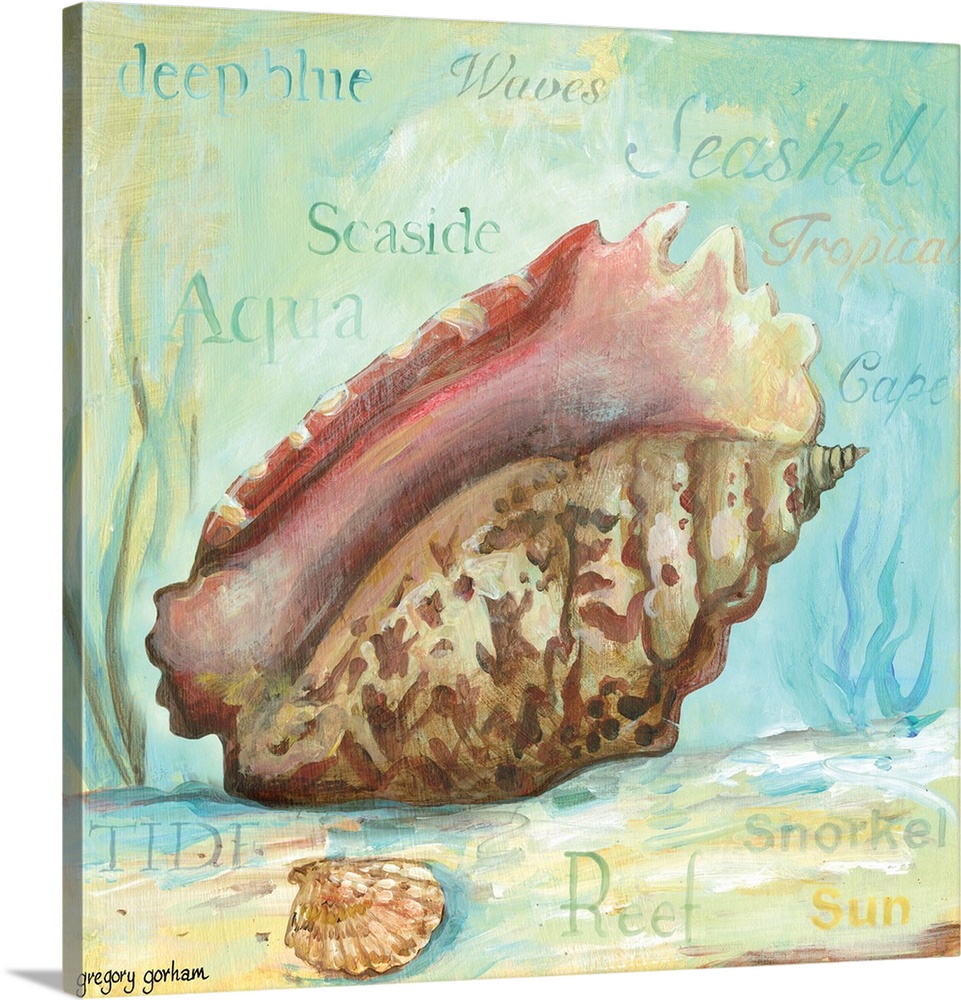 Square painting of a seashell surrounded by marine life and words.