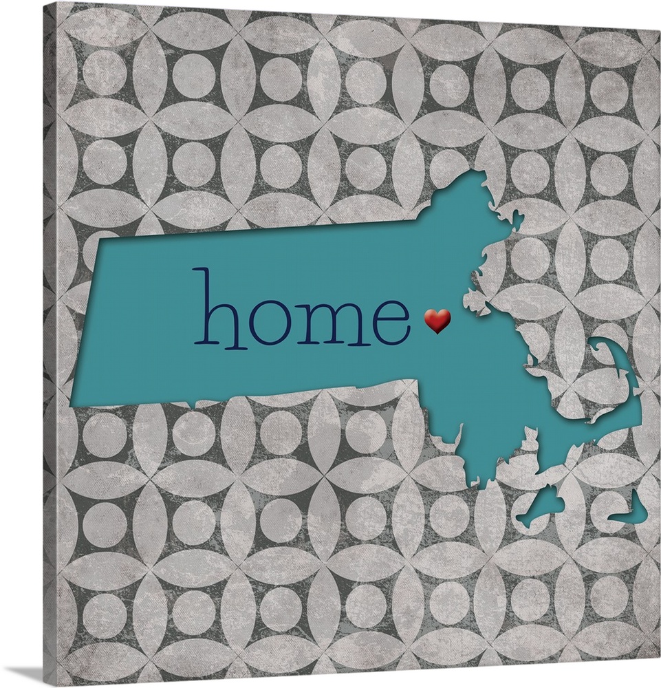 Square decor with a blue outline of the state of Massachusetts with "home" written in the center and a red heart, on a gra...